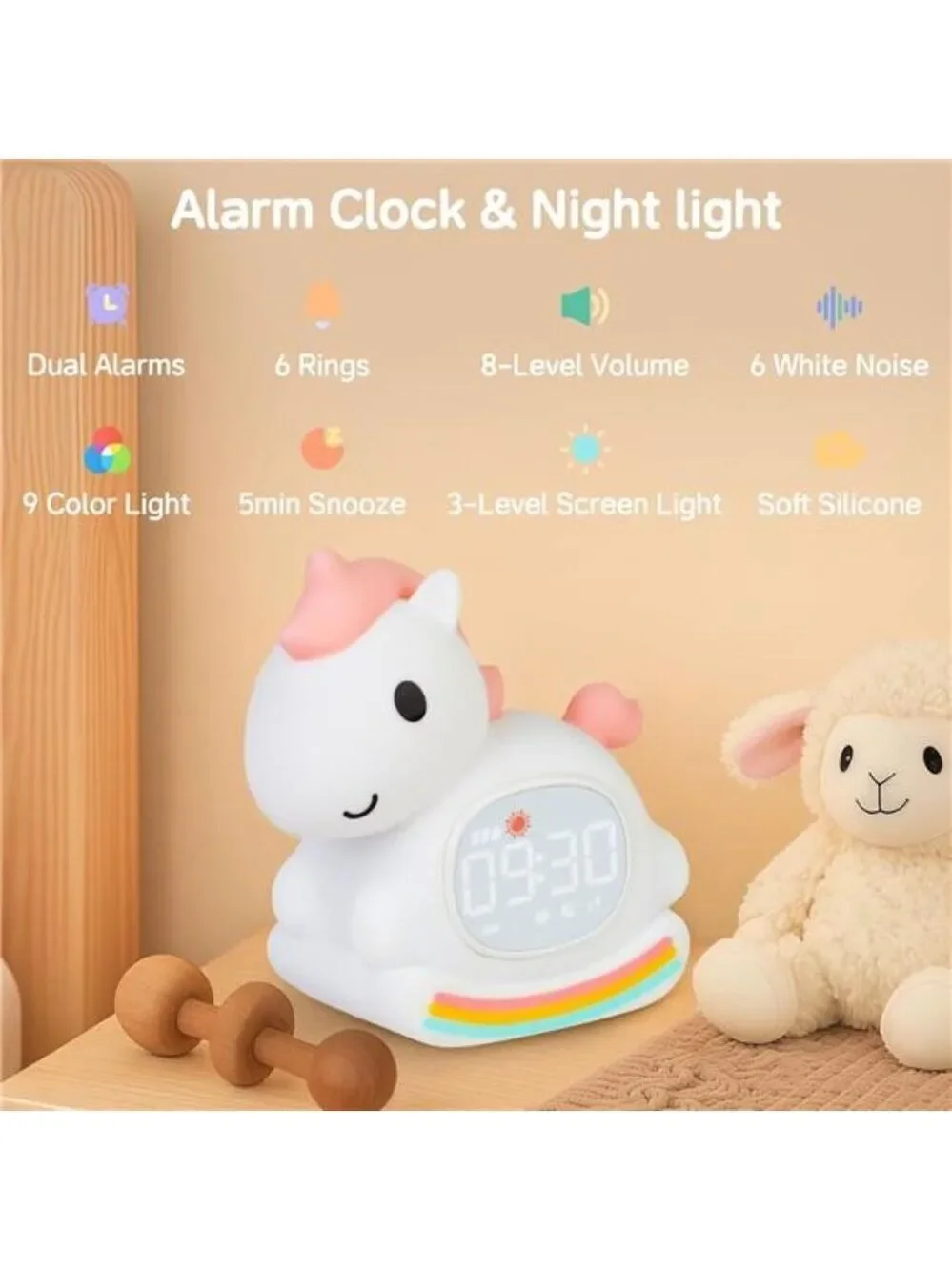 Kids Alarm Clock Night Light Sleep Training Clock Rechargeable Boys Girls Pink